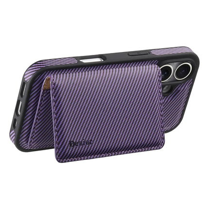 DENIOR For iPhone 16 Plus Magnetic Case Carbon Fiber Texture Leather Back Cover with Detachable Card Bag