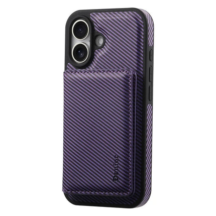 DENIOR For iPhone 16 Plus Magnetic Case Carbon Fiber Texture Leather Back Cover with Detachable Card Bag