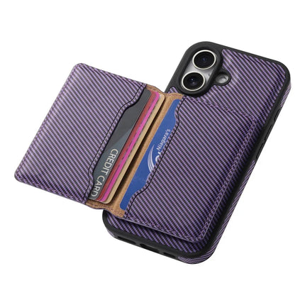 DENIOR For iPhone 16 Plus Magnetic Case Carbon Fiber Texture Leather Back Cover with Detachable Card Bag