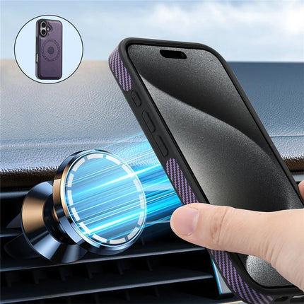 DENIOR For iPhone 16 Plus Magnetic Case Carbon Fiber Texture Leather Back Cover with Detachable Card Bag