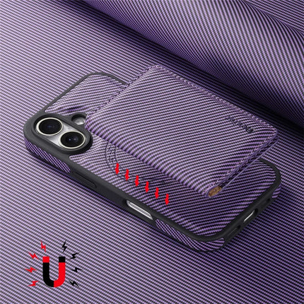 DENIOR For iPhone 16 Plus Magnetic Case Carbon Fiber Texture Leather Back Cover with Detachable Card Bag