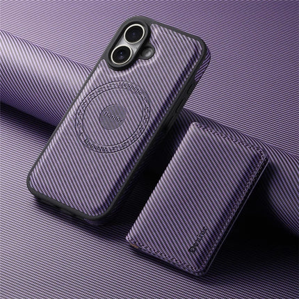 DENIOR For iPhone 16 Plus Magnetic Case Carbon Fiber Texture Leather Back Cover with Detachable Card Bag