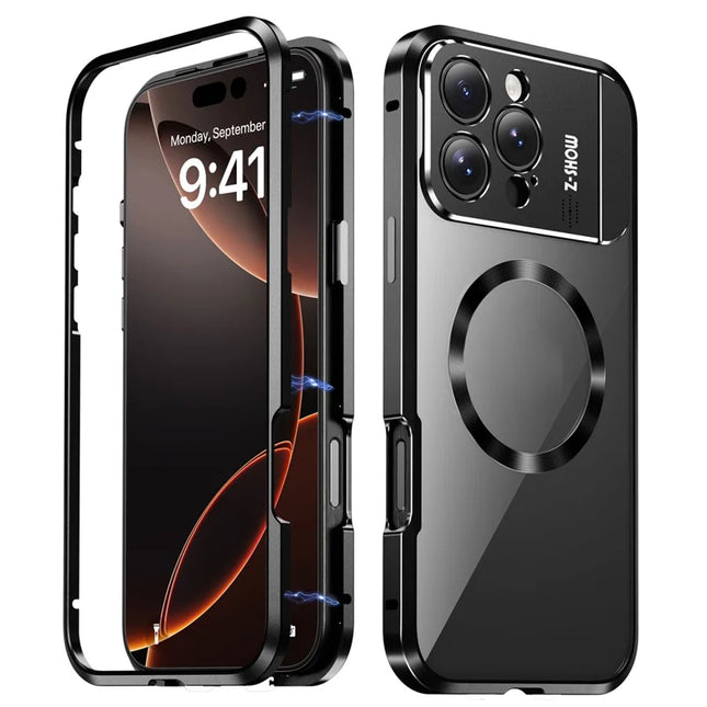 For iPhone 16 Pro Max Magnetic Case Kickstand Alloy+Acrylic Phone Cover with Aromatherapy Tablet - Black