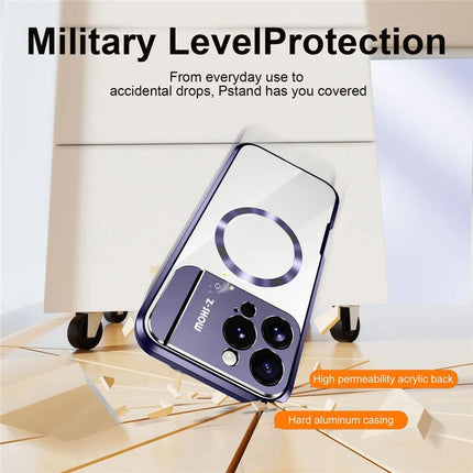 For iPhone 16 Pro Max Magnetic Case Kickstand Alloy+Acrylic Phone Cover with Aromatherapy Tablet