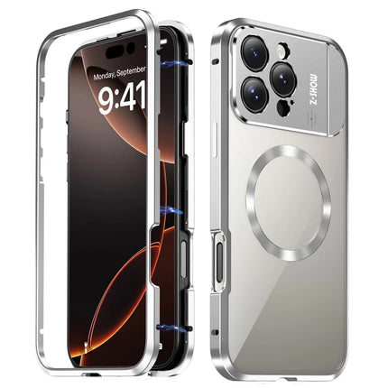For iPhone 16 Pro Max Magnetic Case Kickstand Alloy+Acrylic Phone Cover with Aromatherapy Tablet - Silver