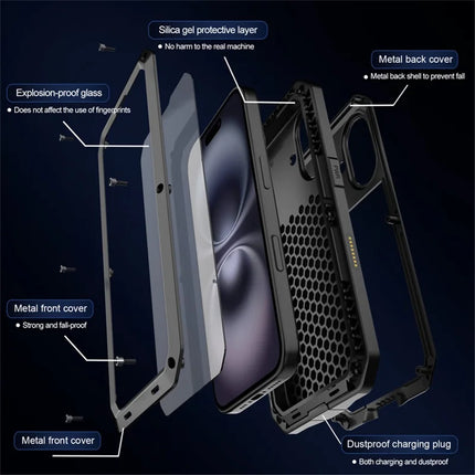 For iPhone 16 Case Silicone+Metal Phone Cover with Tempered Glass Screen Protector