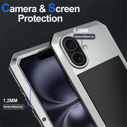 For iPhone 16 Case Silicone+Metal Phone Cover with Tempered Glass Screen Protector