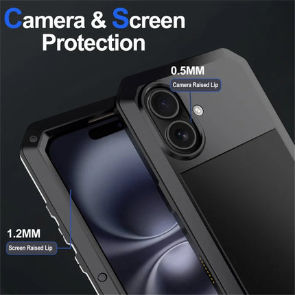 For iPhone 16 Plus Case Silicone+Metal Phone Cover with Tempered Glass Screen Protector