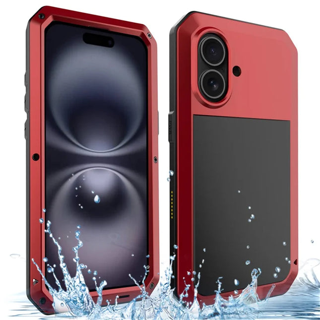 For iPhone 16 Plus Case Silicone+Metal Phone Cover with Tempered Glass Screen Protector - Red