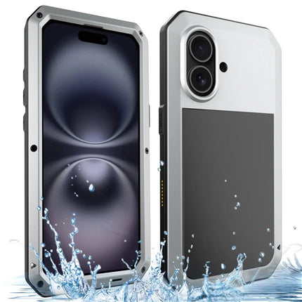 For iPhone 16 Plus Case Silicone+Metal Phone Cover with Tempered Glass Screen Protector - Silver