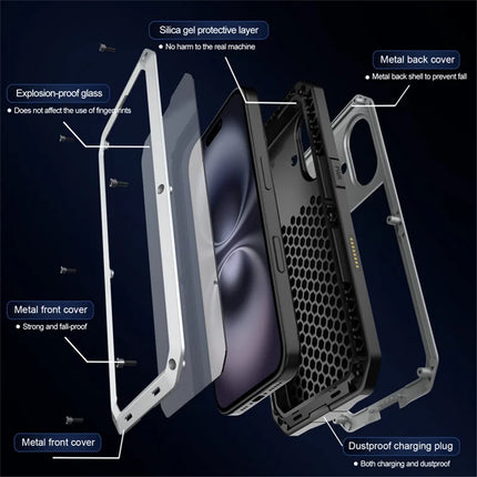 For iPhone 16 Plus Case Silicone+Metal Phone Cover with Tempered Glass Screen Protector