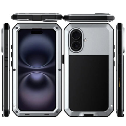 For iPhone 16 Plus Case Silicone+Metal Phone Cover with Tempered Glass Screen Protector
