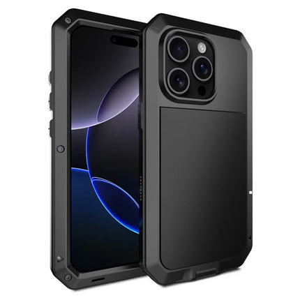 For iPhone 16 Pro Case Silicone+Metal Phone Cover with Tempered Glass Screen Protector - Black