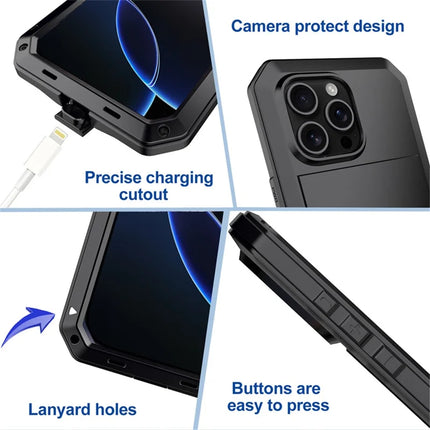 For iPhone 16 Pro Max Case Silicone+Metal Phone Cover with Tempered Glass Screen Protector