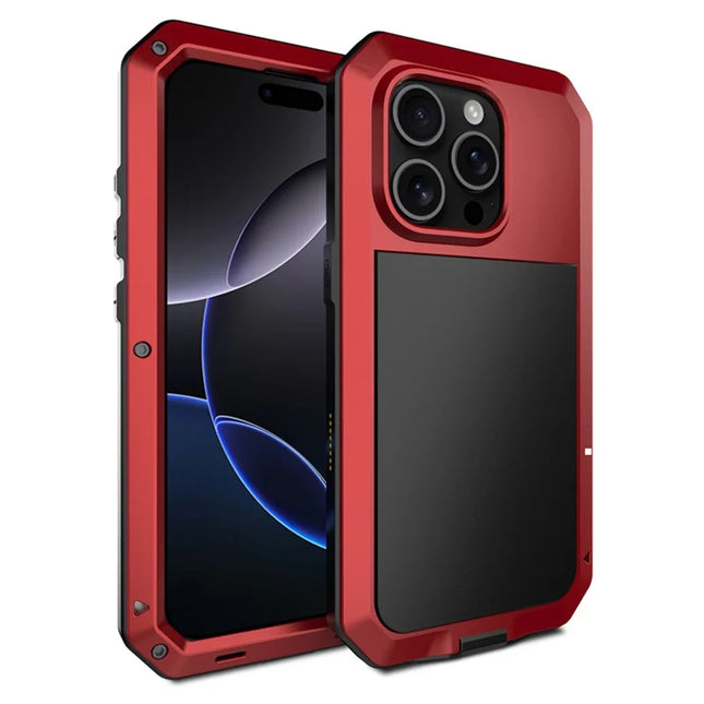 For iPhone 16 Pro Max Case Silicone+Metal Phone Cover with Tempered Glass Screen Protector - Red