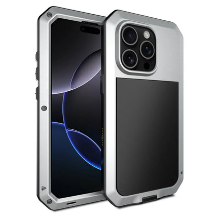 For iPhone 16 Pro Max Case Silicone+Metal Phone Cover with Tempered Glass Screen Protector - Silver