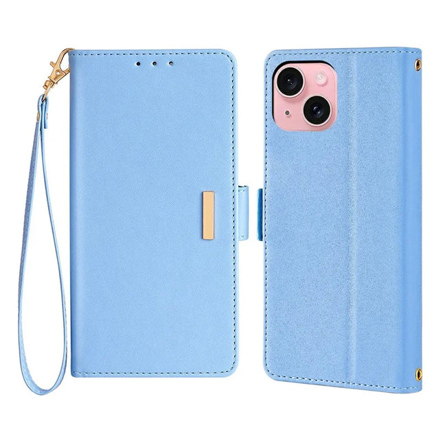 For iPhone 14 Leather Wallet Case RFID Blocking Stand Cover with Hand Strap - Blue