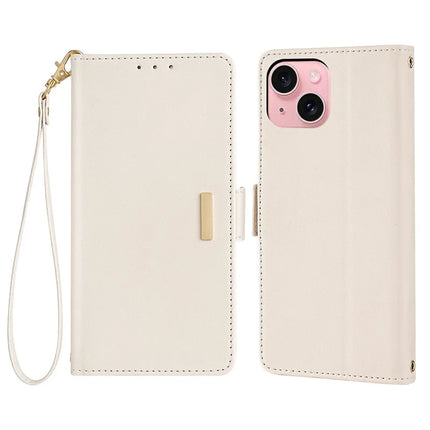For iPhone 14 Leather Wallet Case RFID Blocking Stand Cover with Hand Strap - White