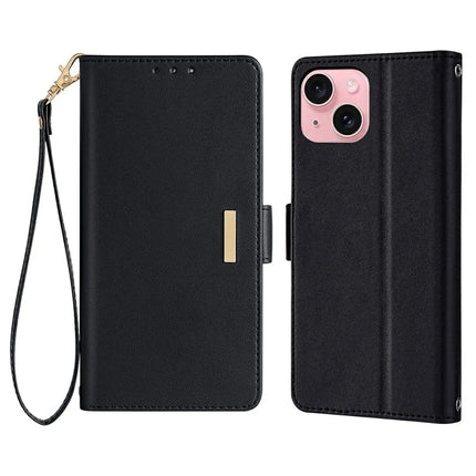 For iPhone 14 Leather Wallet Case RFID Blocking Stand Cover with Hand Strap - Black