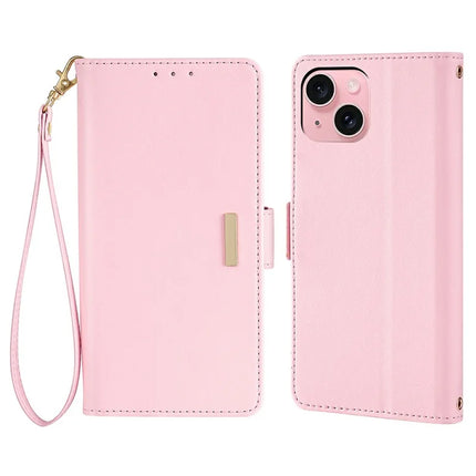 For iPhone 14 Leather Wallet Case RFID Blocking Stand Cover with Hand Strap - Pink