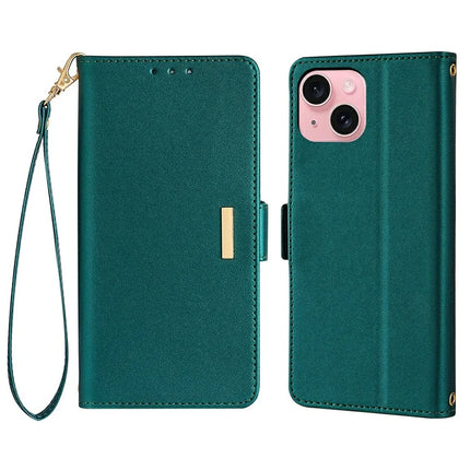 For iPhone 14 Leather Wallet Case RFID Blocking Stand Cover with Hand Strap - Green