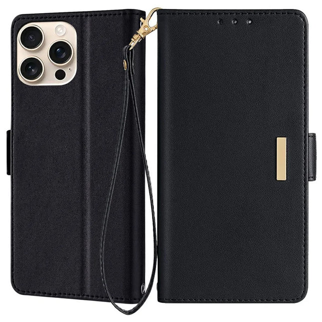 For iPhone 16 Pro Max Leather Wallet Case RFID Blocking Stand Cover with Hand Strap - Black