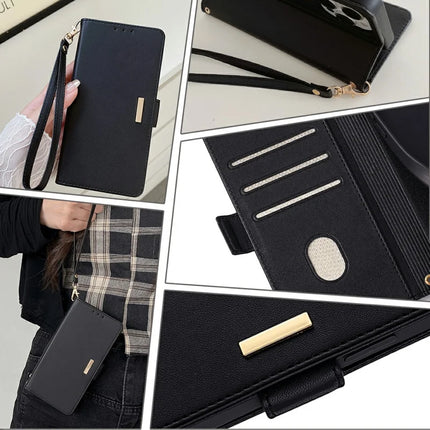 For iPhone 16 Pro Max Leather Wallet Case RFID Blocking Stand Cover with Hand Strap