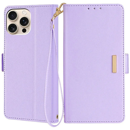 For iPhone 16 Pro Max Leather Wallet Case RFID Blocking Stand Cover with Hand Strap - Purple