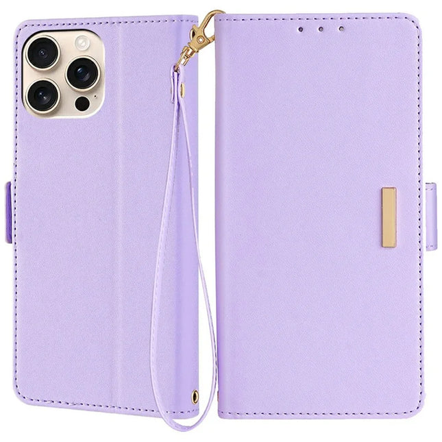 For iPhone 16 Pro Max Leather Wallet Case RFID Blocking Stand Cover with Hand Strap - Purple