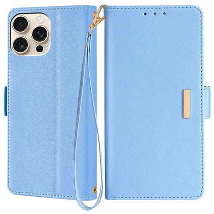 For iPhone 16 Pro Max Leather Wallet Case RFID Blocking Stand Cover with Hand Strap - Blue
