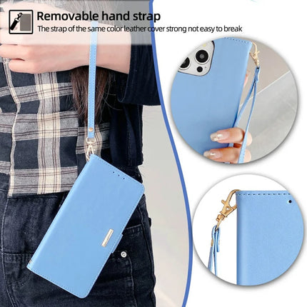 For iPhone 16 Pro Max Leather Wallet Case RFID Blocking Stand Cover with Hand Strap
