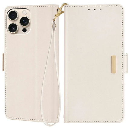 For iPhone 16 Pro Max Leather Wallet Case RFID Blocking Stand Cover with Hand Strap - White