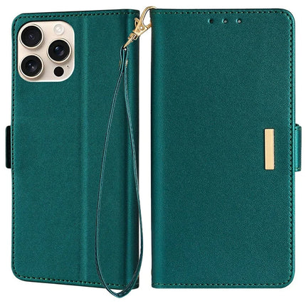For iPhone 16 Pro Max Leather Wallet Case RFID Blocking Stand Cover with Hand Strap - Green