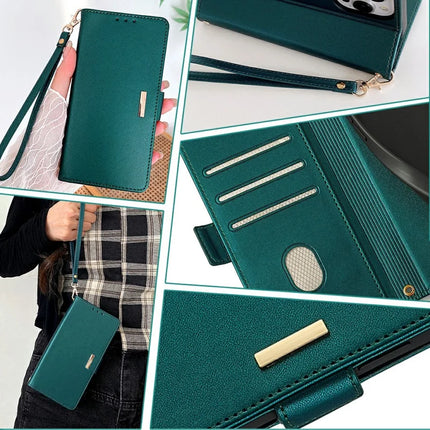 For iPhone 16 Pro Max Leather Wallet Case RFID Blocking Stand Cover with Hand Strap