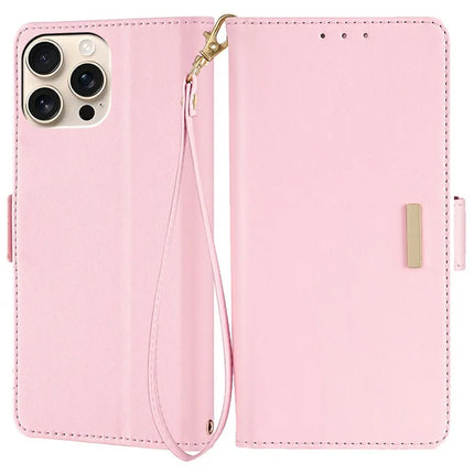 For iPhone 16 Pro Leather Wallet Case RFID Blocking Stand Cover with Hand Strap - Pink