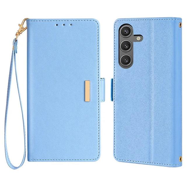 For Samsung Galaxy S23 FE Leather Wallet Case RFID Blocking Stand Cover with Hand Strap - Blue