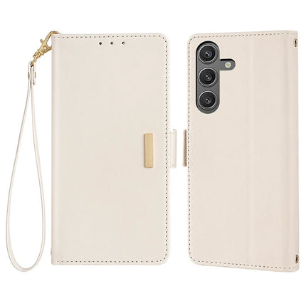 For Samsung Galaxy S23 FE Leather Wallet Case RFID Blocking Stand Cover with Hand Strap - White