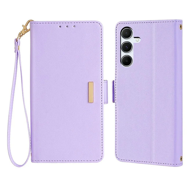 For Samsung Galaxy A35 5G Leather Wallet Case RFID Blocking Stand Cover with Hand Strap - Purple