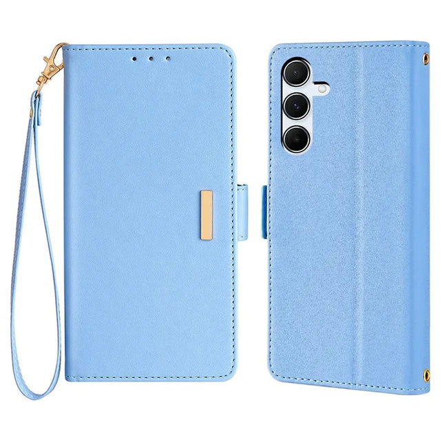 For Samsung Galaxy A55 5G Leather Wallet Case RFID Blocking Stand Cover with Hand Strap - Blue