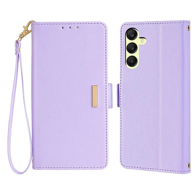 For Samsung Galaxy A15 5G Leather Wallet Case RFID Blocking Stand Cover with Hand Strap - Purple