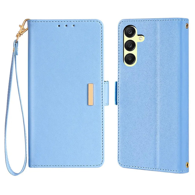 For Samsung Galaxy A15 5G Leather Wallet Case RFID Blocking Stand Cover with Hand Strap - Blue