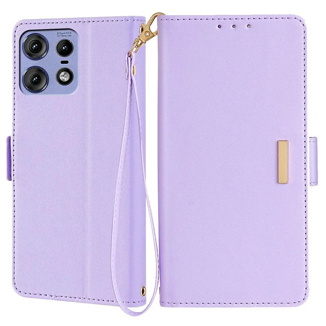 For Motorola Edge 50 Pro 5G Leather Wallet Case RFID Blocking Stand Cover with Hand Strap - Purple