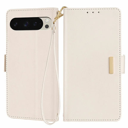 For Google Pixel 9 Pro  /  Pixel 9 Leather Wallet Case RFID Blocking Stand Cover with Hand Strap - White