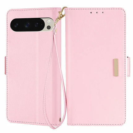 For Google Pixel 9 Pro  /  Pixel 9 Leather Wallet Case RFID Blocking Stand Cover with Hand Strap - Pink