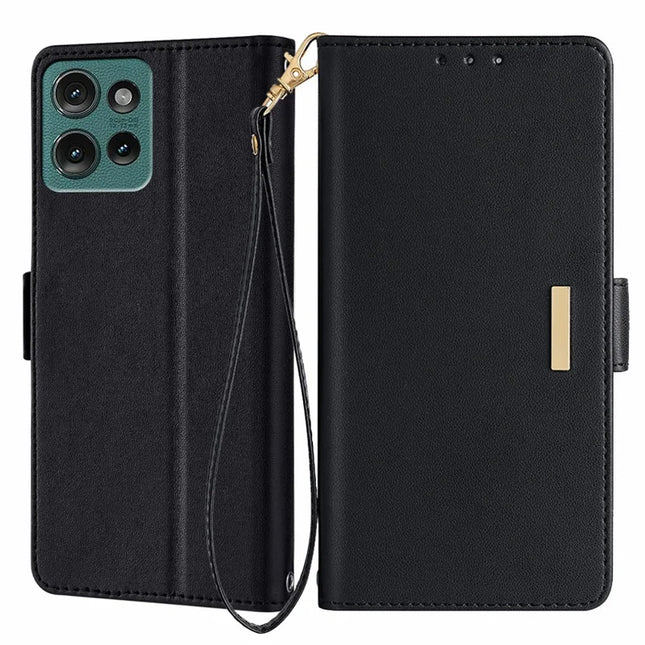 For Motorola Edge 50 Neo 5G / Moto S50 5G / Thinkphone 25 5G Leather Wallet Case RFID Blocking Stand Cover with Hand Strap - Black