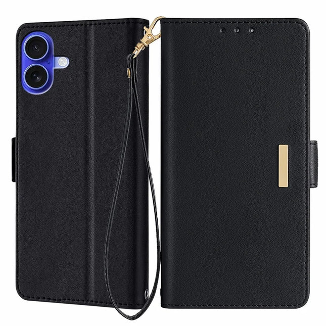 For iPhone 16 Plus Leather Wallet Case RFID Blocking Stand Cover with Hand Strap - Black