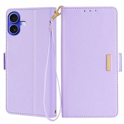 For iPhone 16 Plus Leather Wallet Case RFID Blocking Stand Cover with Hand Strap - Purple
