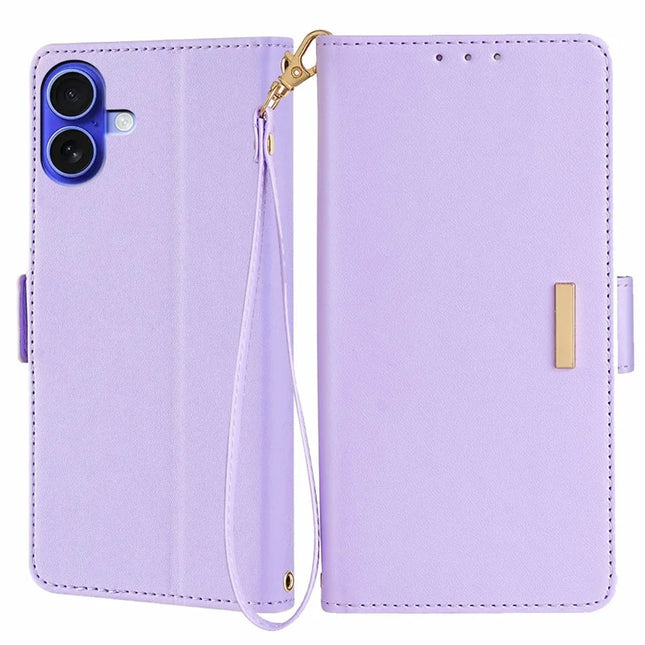 For iPhone 16 Plus Leather Wallet Case RFID Blocking Stand Cover with Hand Strap - Purple
