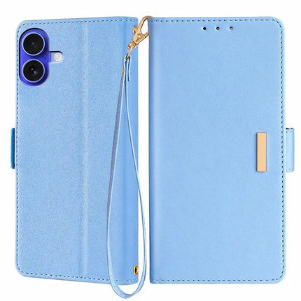 For iPhone 16 Plus Leather Wallet Case RFID Blocking Stand Cover with Hand Strap - Blue
