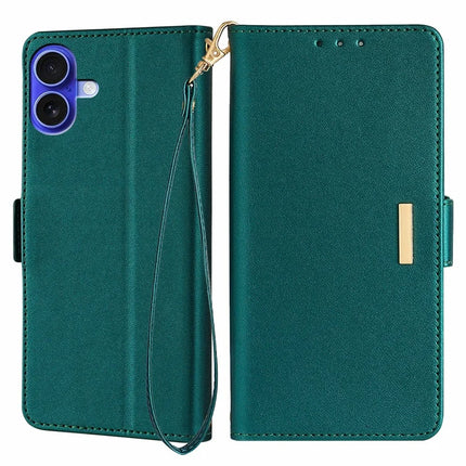 For iPhone 16 Plus Leather Wallet Case RFID Blocking Stand Cover with Hand Strap - Green